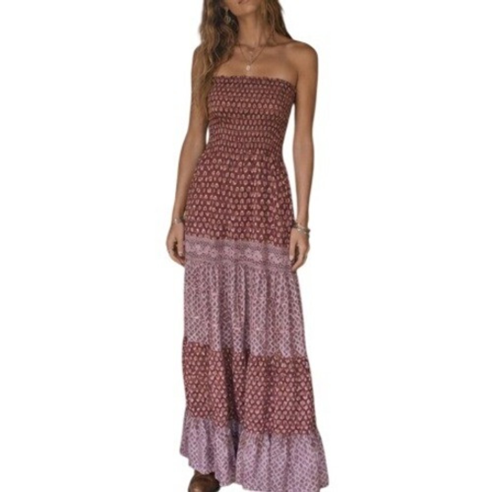 Vintage Y2K Strapless Smocked Maxi Dress Boho Small Burgundy Floral Hippy Summer